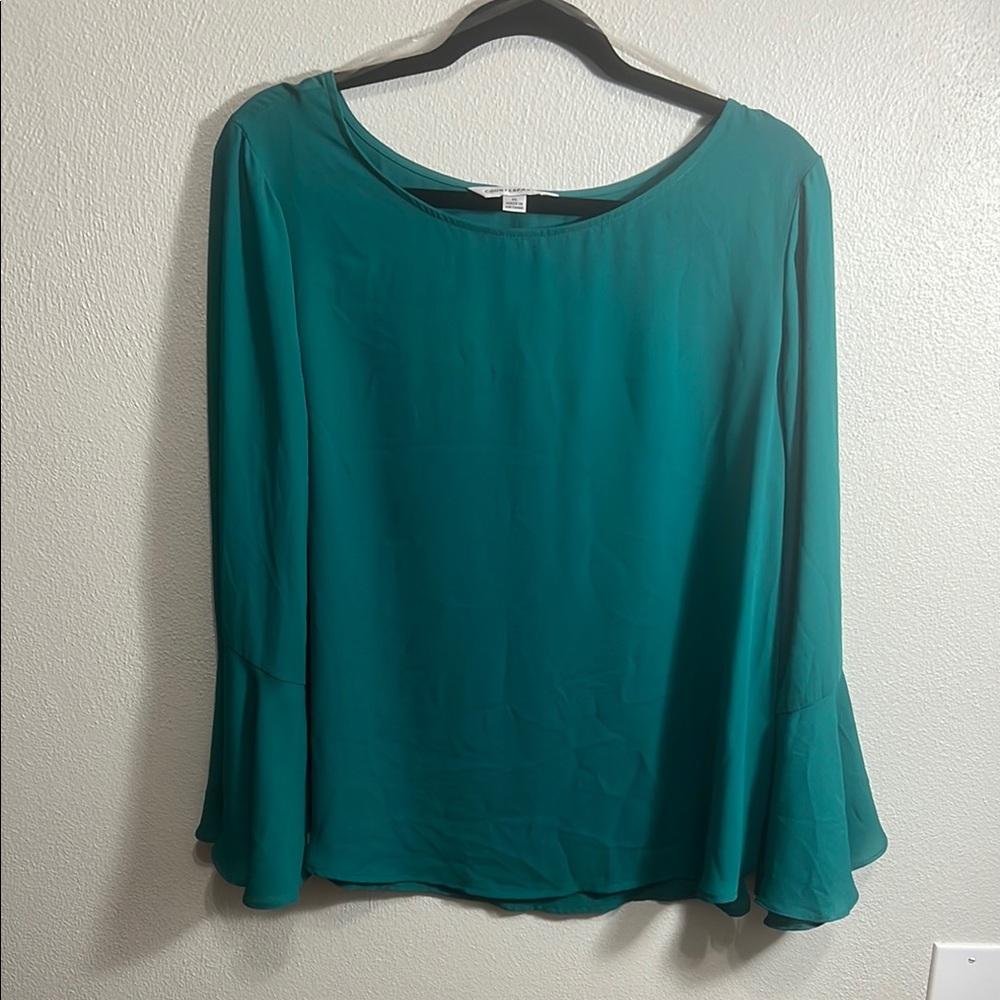 Counterparts Green and Blue Blouse with 3/4 Bell Sleeves